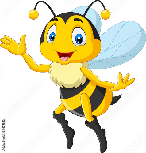 Cartoon happy bee waving hand