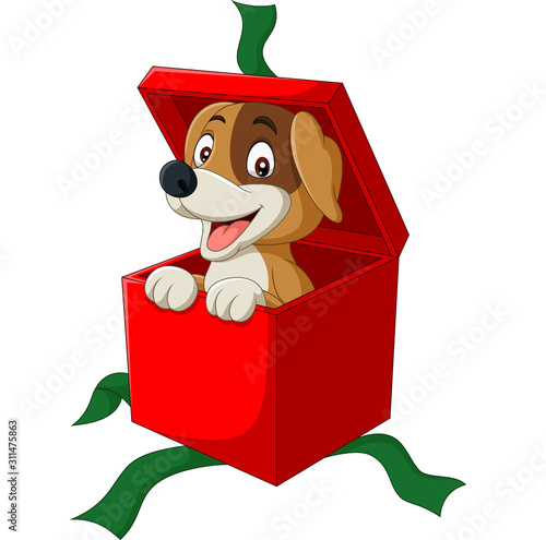 Cartoon dog peeking out of red gift box