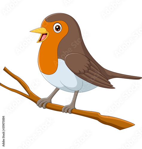 Cartoon robin bird sitting on a tree branch