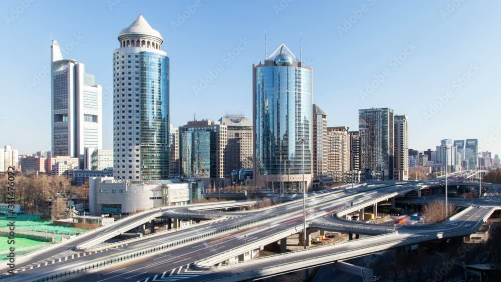 Beijing business city aerial cityscape panorama with road traffic China timelapse pan up Beijing business city aerial cityscape panorama with road traffic China timelapse pan up