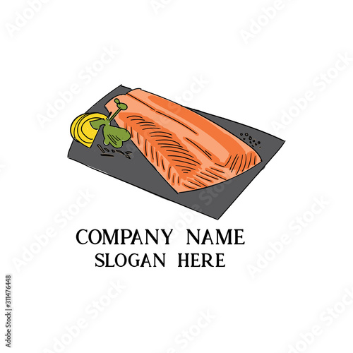 Salmon fillet and slices for grill and barbecue with herbs, salad and vegetables. Fish meat and finger food. Restaurant seafood dish. Vector drawing engraved color sketch illustration