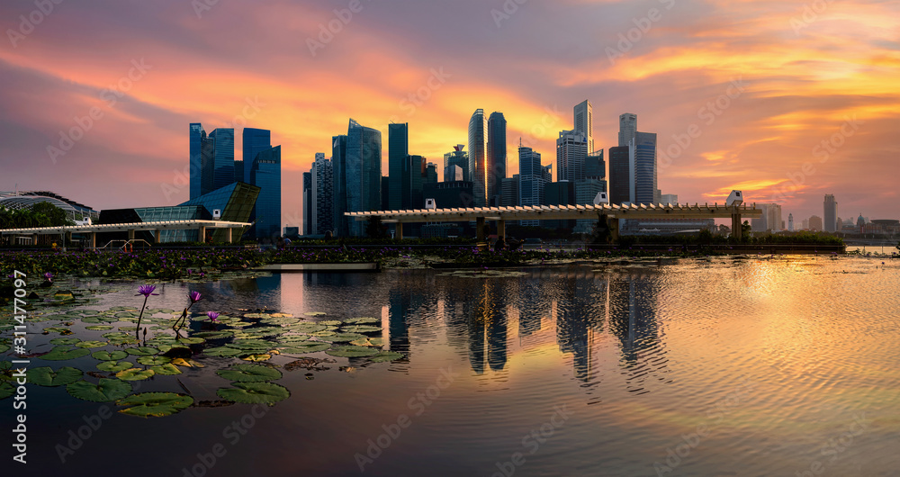 sunset panorama view skyline Celebrate national day 2019 of Singapore view from garden by the bay in Singapore city, Downtown of Singapore is office buildings and business bank financial	