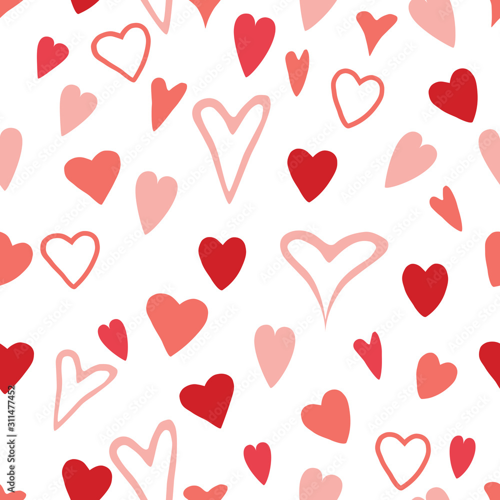 Seamless pink and red hand drawn hearts pattern design on white