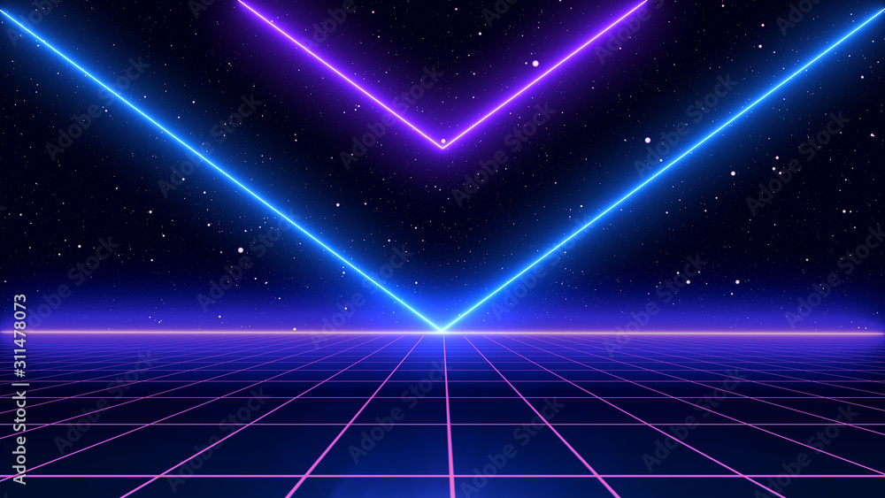 Retro cyberpunk style 80s Sci-Fi Background Futuristic with laser grid landscape. Digital cyber surface style of the 1980`s. 3D illustration