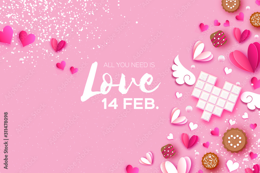 Love Chocolate. Valentines Day Greeting Card. Pink white hearts paper cut style and dessert, candy on pink. Origami Happy holidays. Space for Text. Love Chocolate. Valentines Day Greeting Card. Pink white hearts paper cut style and dessert, candy on pink. Origami Happy holidays. Space for Text.