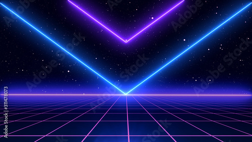 Obraz na płótnie Retro cyberpunk style 80s Sci-Fi Background Futuristic with laser grid landscape. Digital cyber surface style of the 1980`s. 3D illustration w salonie