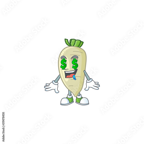 Cute white radish with Money eye cartoon character design