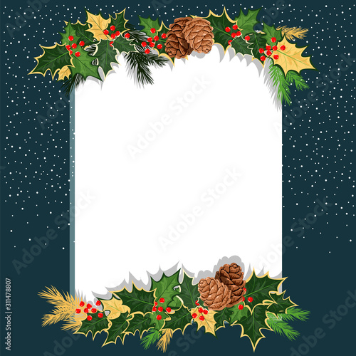 Christmas template. blank congratulatory form. vector image of holly with cones