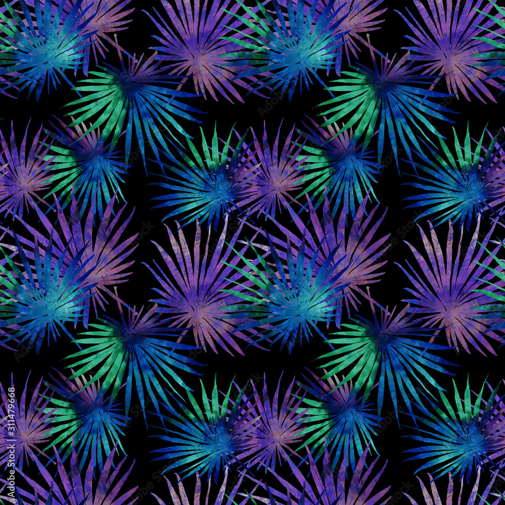 Fan palm leaves on a black background. Decorative seamless green watercolor pattern with a multicolor effect, hand drawn elements. Trendy illustration for design, fabric, wrapping paper, home decor.