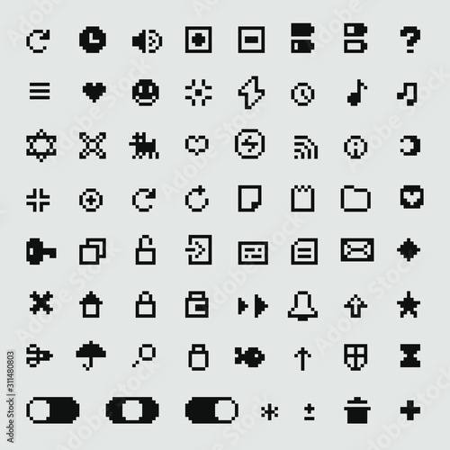 Web pixel art icons big set, design for mobile interface, logo, website, app, smile.  1-bit. Music, charging, clouds, update, mail, sound, wifi, smile and security. Isolated vector illustration.