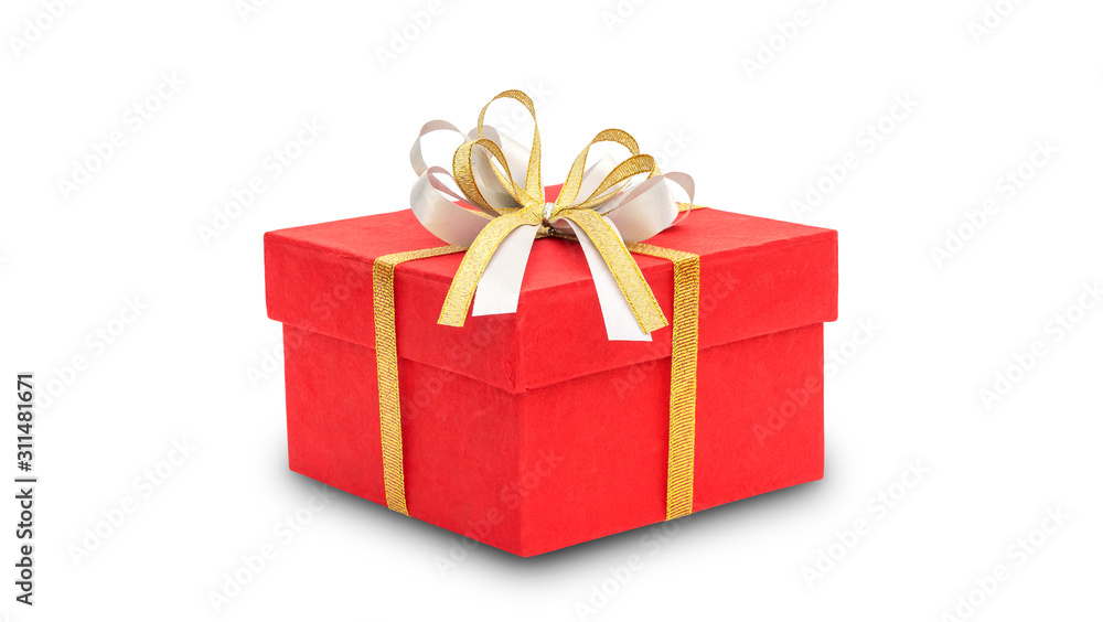 Fototapeta premium Red gift box and gold ribbon on a white background.
