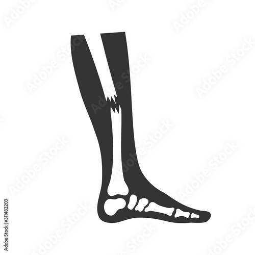 Black icon of leg fracture in flat style over white background. Vector illustration