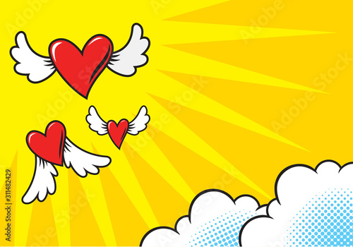 Heart shaped comics flying, vector
