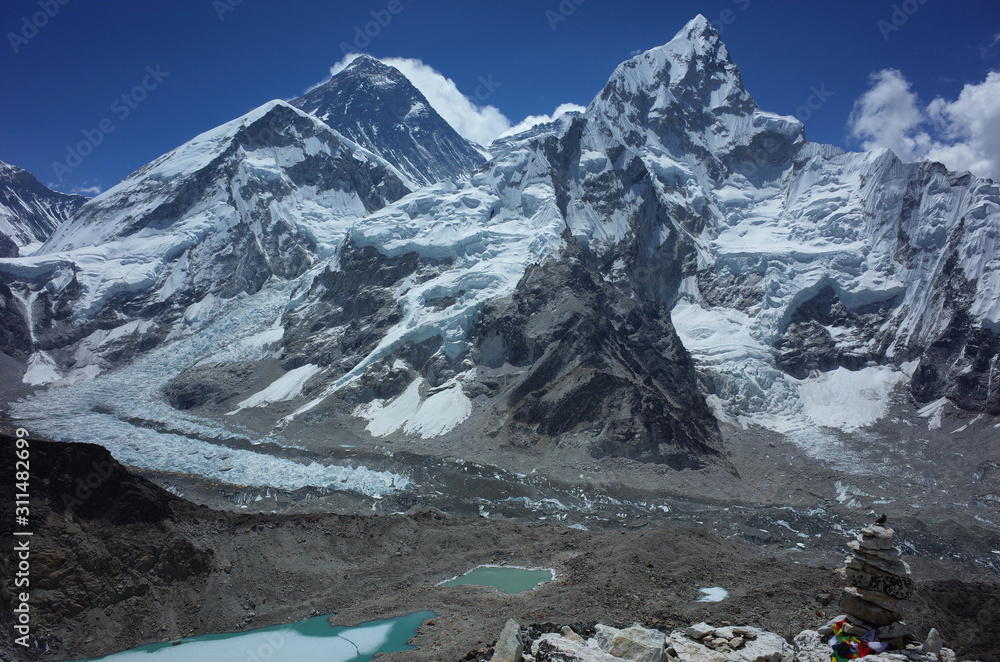 Everest trek, View from Kala Patthar (5550 m) of Khumbu Glacier, Everest (dark mountain in the middle with clouds blowing) and Nuptse mountain. Sagarmatha national park, Solukhumbu, Himalayas, Nepal