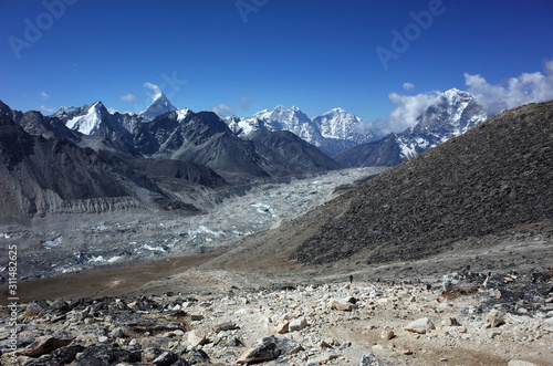 Everest trek, View from the way to Kala Patthar of Khumbu Glacier and mountains. Sagarmatha national park, Solukhumbu, Himalayas, Nepal