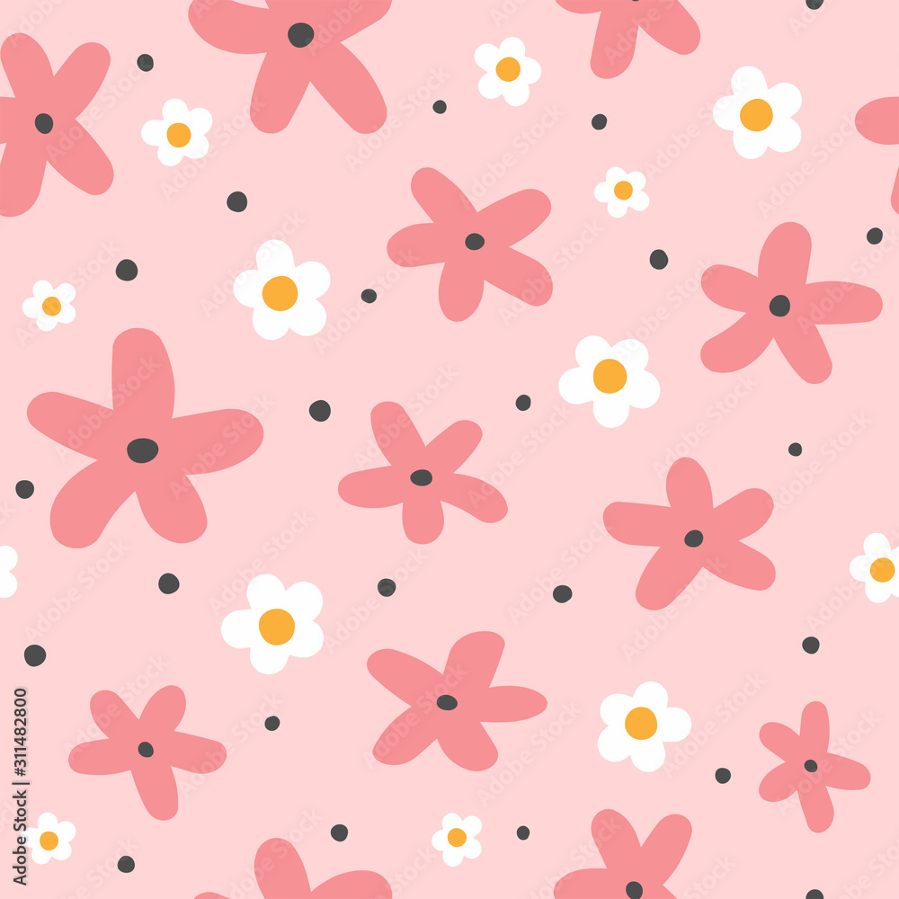 Cute seamless pattern with flowers and round spots. Funny floral print. Girly vector illustration.