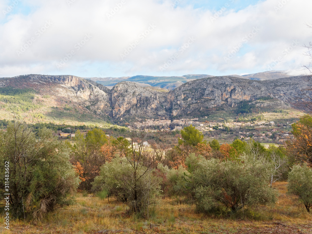 Panoramic view to the Village of Moustiers-Sainte-Marie in the Alpes-de-Haute-Provence, one of most beautiful villages of France