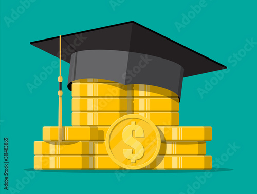 Graduation cap and gold coin. Education savings and investment concept. Academic and school knowledge. Vector illustration in flat style