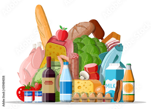 Groceries set. Grocery store collection. Supermarket. Fresh organic food and drinks. Milk, vegetables, meat, chicken cheese, sausages, wine fruits, fish cereal juice. Vector illustration flat style