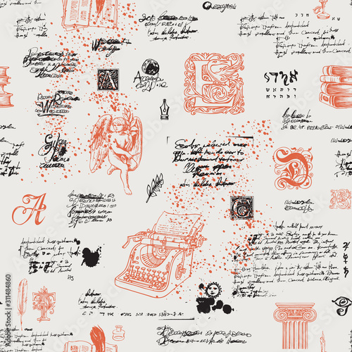 Vector seamless pattern on a writers theme. Suitable for Wallpaper, wrapping paper, fabric. Abstract background with unreadable handwritten notes and hand drawn capital letters, angel, typewriter