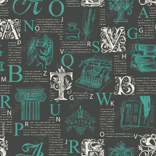 Vector seamless pattern with ornate capital letters on printed page. Unreadable text, capital letters and literary sketches on black background. Suitable for Wallpaper, wrapping paper, textile, fabric