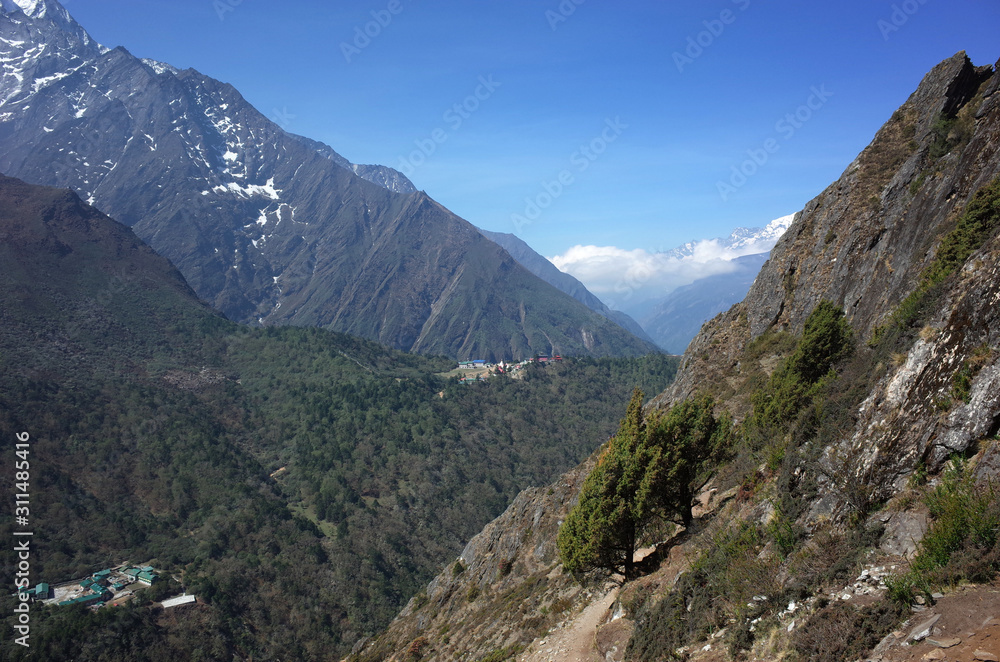 Everest trek, View of Deboche and Tengboche villages from Pangboche - Portse upper trail. Mountains Himalayas, Sagarmatha national park, Solukhumbu, Nepal