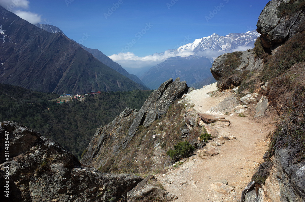 Everest trek, Pangboche - Portse upper trail with view of Tengboche village. Mountains Himalayas, Sagarmatha national park, Solukhumbu, Nepal Everest trek, Pangboche - Portse upper trail with view of Tengboche village. Mountains Himalayas, Sagarmatha national park, Solukhumbu, Nepal