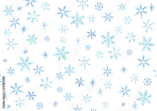 手描き　水彩　雪の結晶　スノーフレーク　ランダム