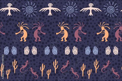 Traditional, design with trickster god, swirl icons on human palm, sun, eagle.