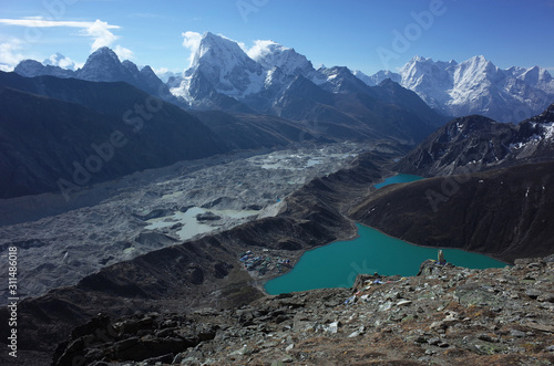 Hiking in Nepal Himalayas, View from Gorio Ri on Gokyo lake, Gokyo village, Ngozumba glacier and mountains. High altitude glacier lake in mountains © art_of_line
