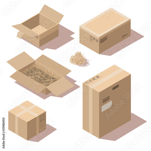 Isometric brown cardboard delivery package boxes open and closed. Vector set of storage boxes empty and with shredded paper filler. Goods packaging for shipping, cargo transportation