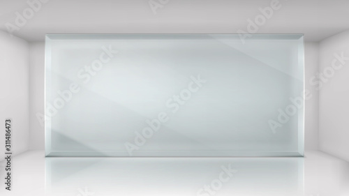 Glass wall frame in empty exhibition room. Vector realistic transparent showcase for museum, gallery or presentation. Exposition hall interior