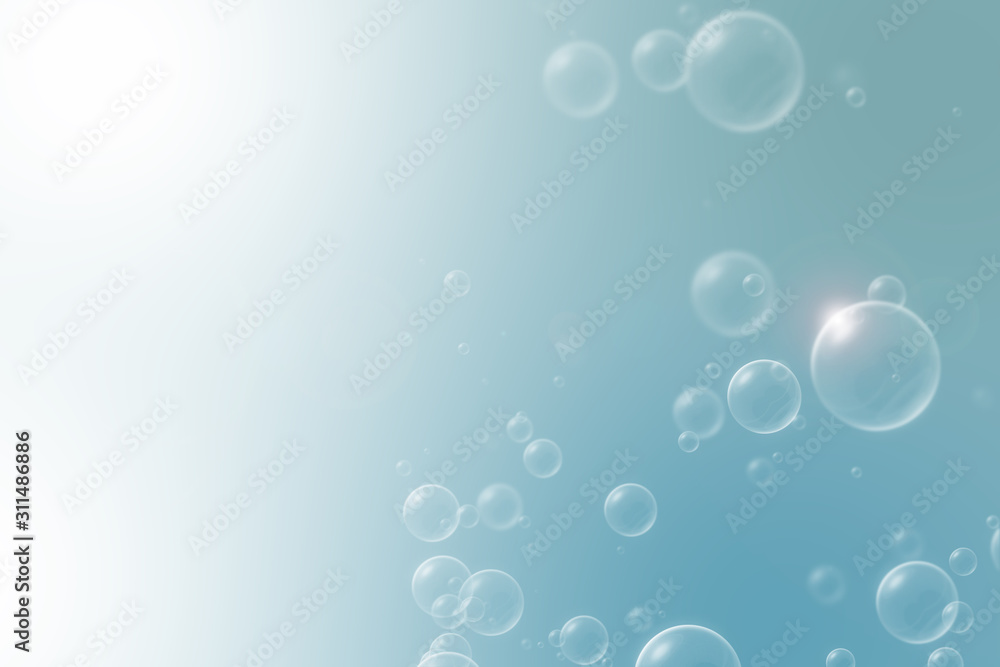 Soap bubbles on blue natural background for kid and spring