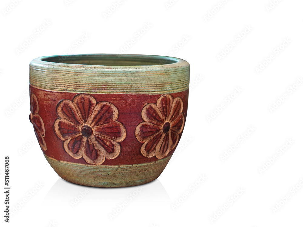 Di cut antique brown ceramic pot on white background, object, copy space Di cut antique brown ceramic pot on white background, object, copy space