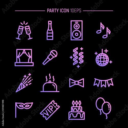 Party entertainment, event organisation, celebration and banquet icons. Vector set of line symbols.