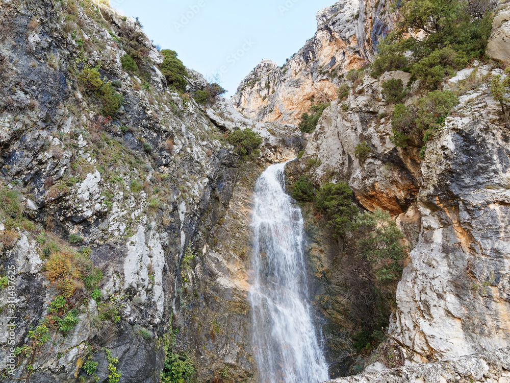 Landscape of Provence. Waterfall of Riou  from the cliff in Moustiers-Sainte-Marie