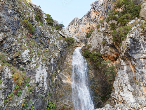 Landscape of Provence. Waterfall of Riou from the cliff in Moustiers-Sainte-Marie