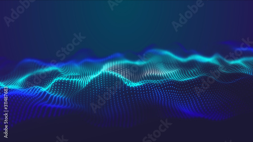 Cyber or technology flowing blue particles wave background
