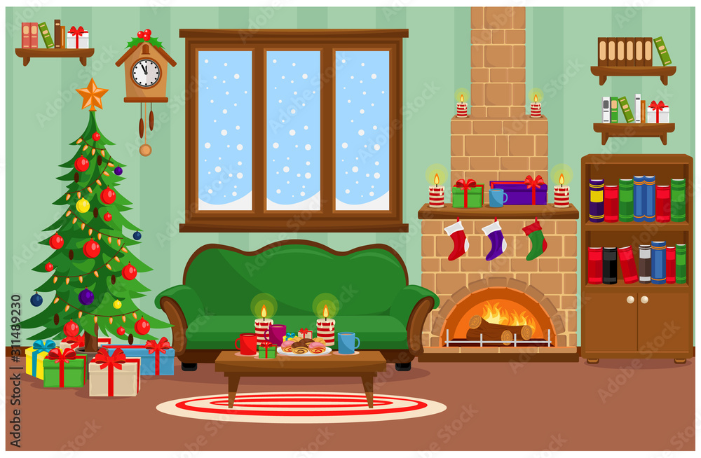 Vector room prepared for the celebration of new year and Christmas. Interior with Christmas tree, fireplace, furniture and treats for the holiday. Vector room prepared for the celebration of new year and Christmas. Interior with Christmas tree, fireplace, furniture and treats for the holiday.