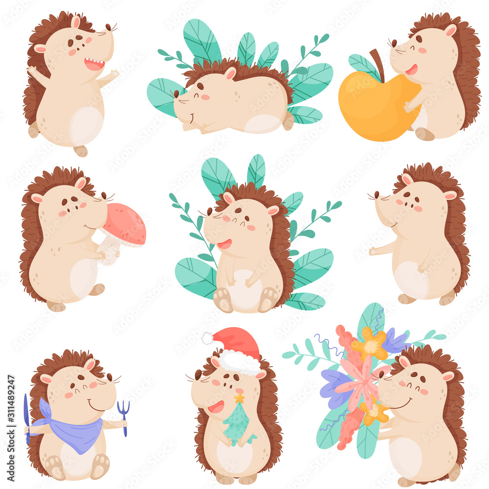 Cartoon Hedgehog Character Holding Apple and Flowers Vector Set