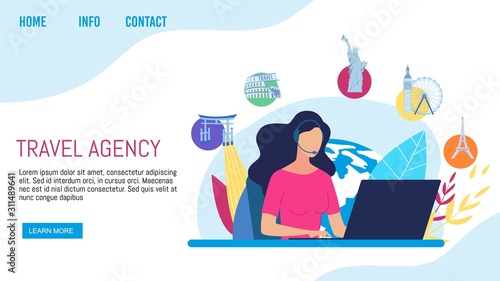 Travel Agency Clients Support, Call-Center or Helpline Service Trendy Flat Vector Web Banner, Landing Page Template. Company Manager, Helpdesk Worker in Headset Communicating with Clients Illustration