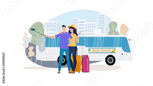 Traveling on Bus, City Excursion Tours Trendy Flat Vector Concept. Happy Couple Shooting Selfie Photo with Cellphone, Wife and Husband with Luggage Going at Romantic Journey on Coach Bus Illustration