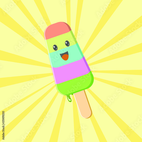 Lolly kawaii ice cream on shiny cartoon background