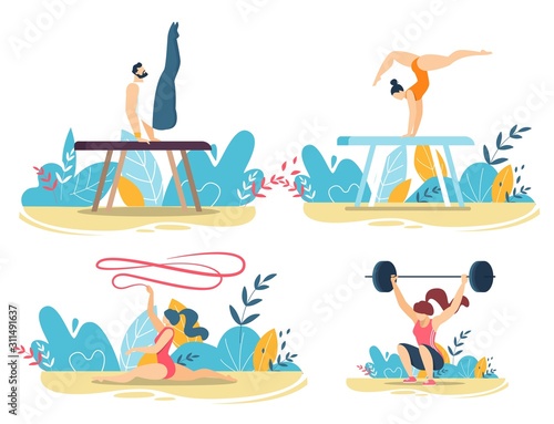 Sportive People Do Tricks with Gym Equipment Set