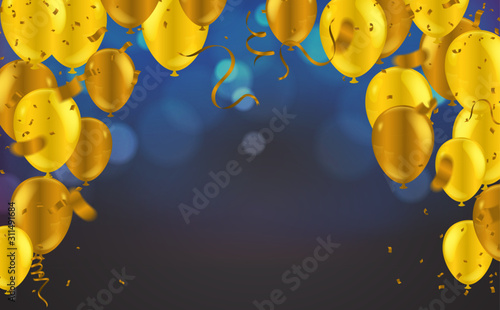Festive poster with balloons and serpentine. Holiday decoration Vector background.