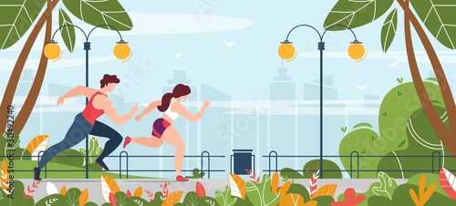 Man and Woman Engaged in Fitness Running in Park