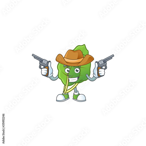 Smiling collard greens mascot icon as a Cowboy holding guns