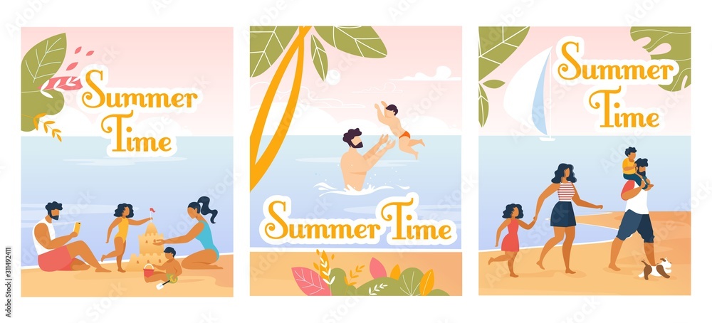 Family Summer Time Flyers and Cards Cartoon Set