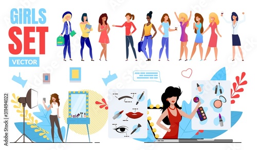 Fashionable Girls Trendy Flat Vector Multinational Characters Set. Happy Women, Female Student Standing in Various Poses, Beauty Video Blogger Filming Vlog, Business Lady Drinking Wine Illustrations