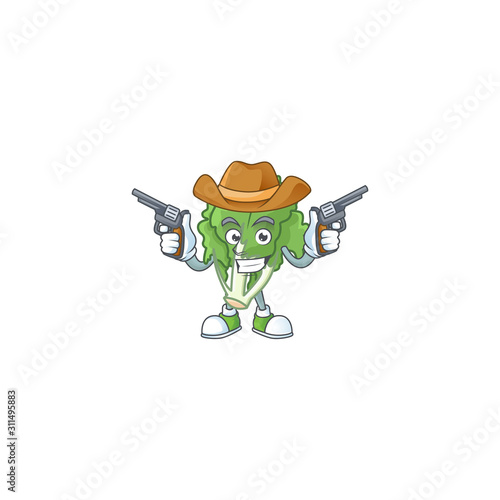 Smiling endive mascot icon as a Cowboy holding guns